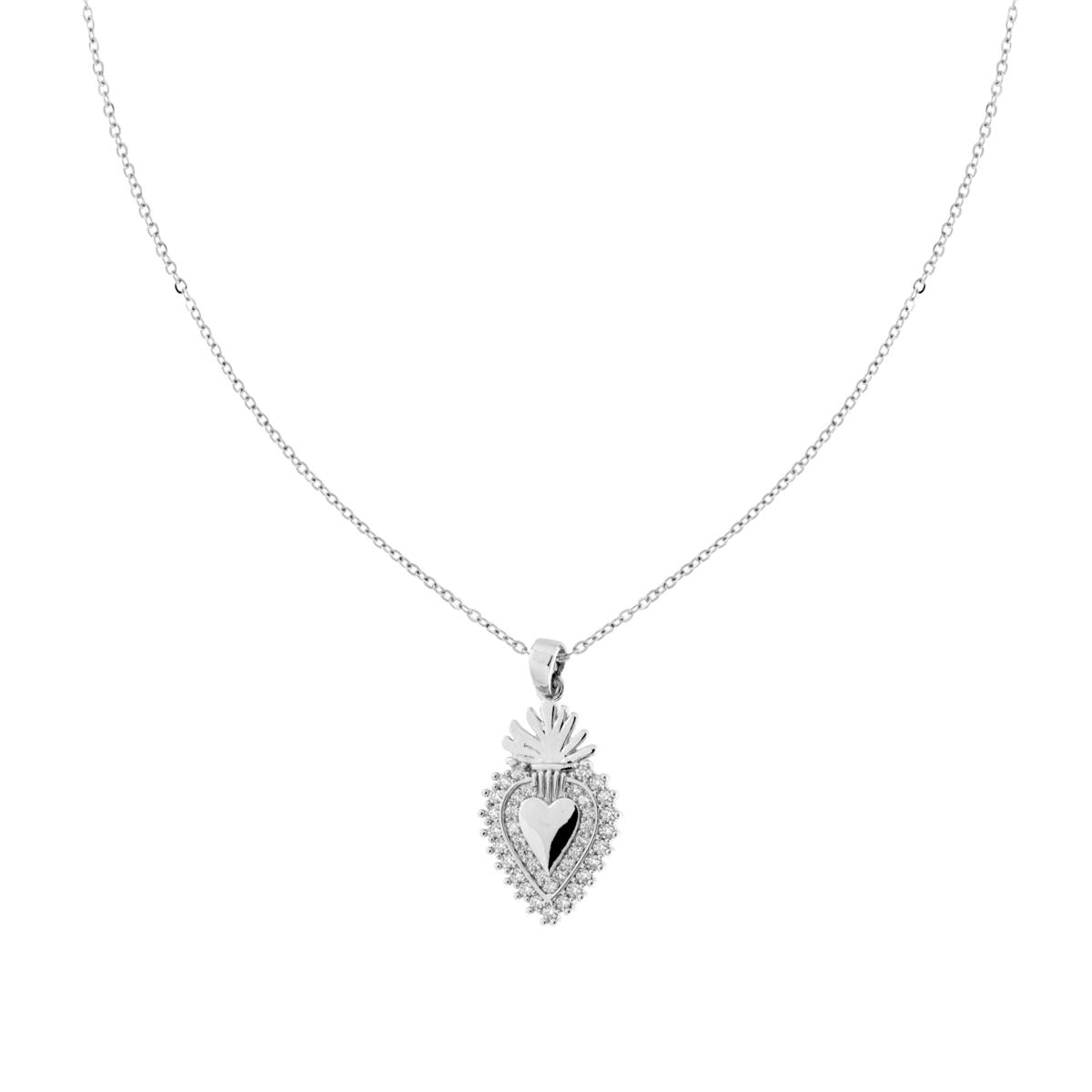Collana Catena Forzatina Diamantata con Cuore Votivo e Crystal Bianchi in ACCIAIO