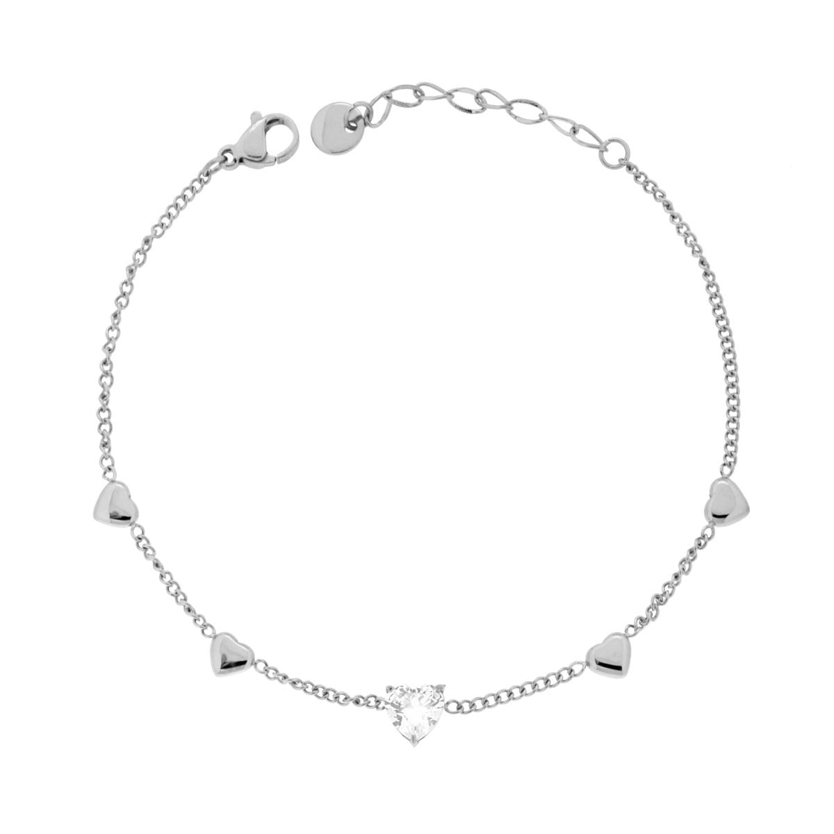 Bracciale Catena Forzatina Diamantata con Cuori e Crystal Bianchi in ACCIAIO