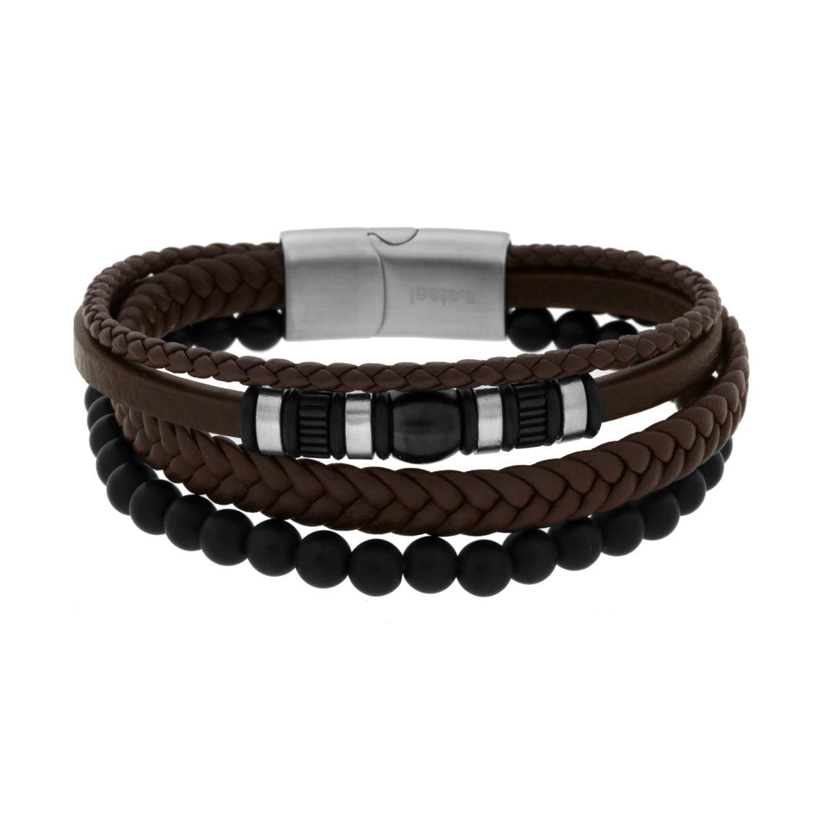 Bracciale Uomo Multifilo in Ecopelle Marrone con Palline e Accessori Neri in ACCIAIO