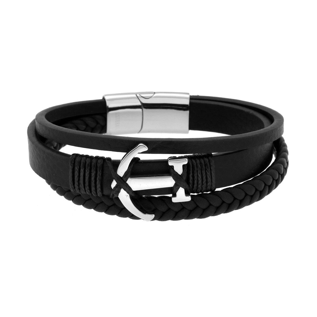 Bracciale Uomo Multifilo in Ecopelle Nero con Ancora in ACCIAIO