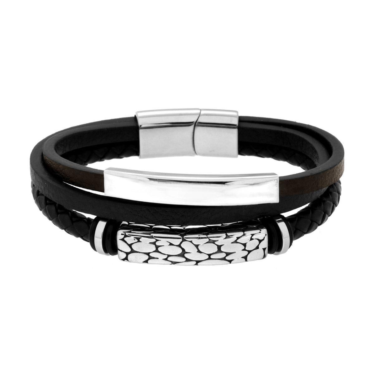 Bracciale Uomo Multifilo in Ecopelle Nero con Targhe in ACCIAIO