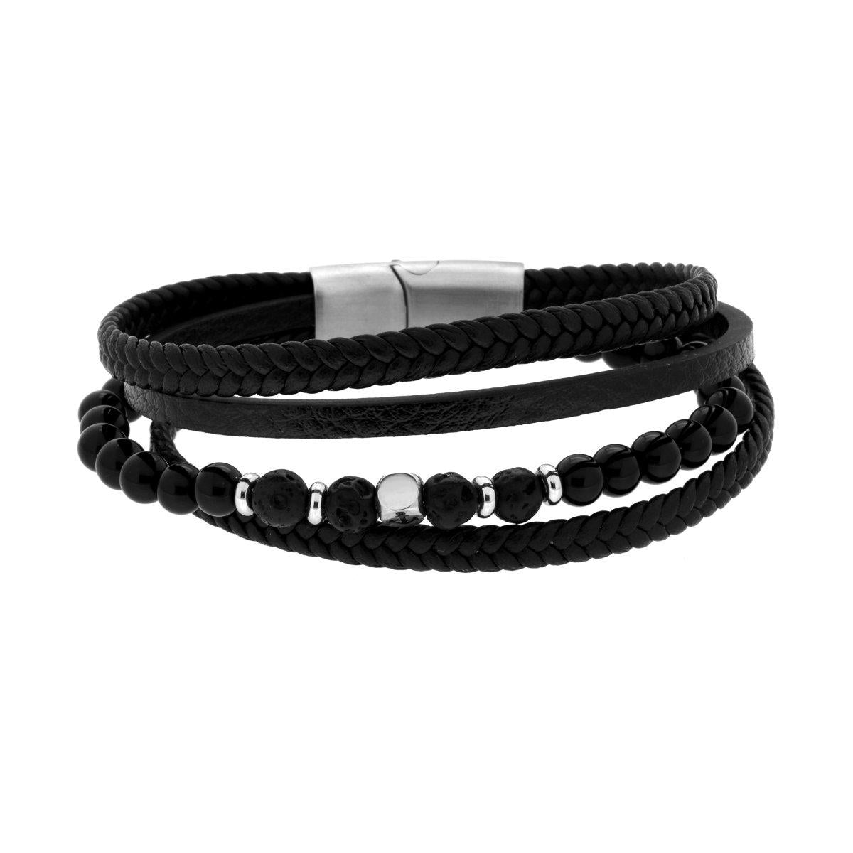 Bracciale Uomo Multifilo in Ecopelle Nero con Palline Nere effetto Pietra Lavica e Ancora in ACCIAIO