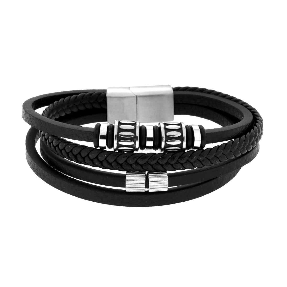 Bracciale Uomo Multifilo in Ecopelle Nero con Accessori in ACCIAIO