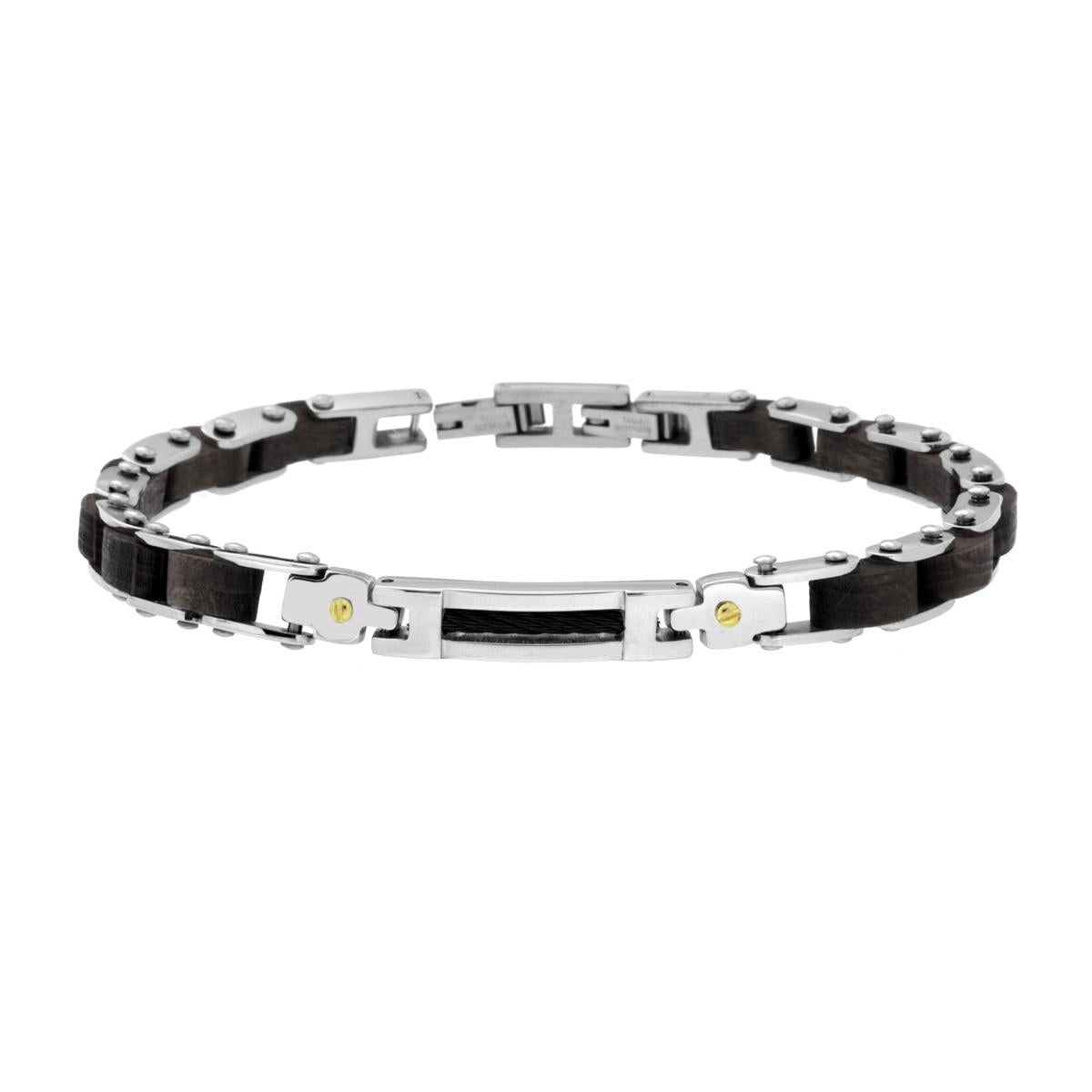 Bracciale Uomo Maglia Imperniata in Legno Nero e Targa in ACCIAIO