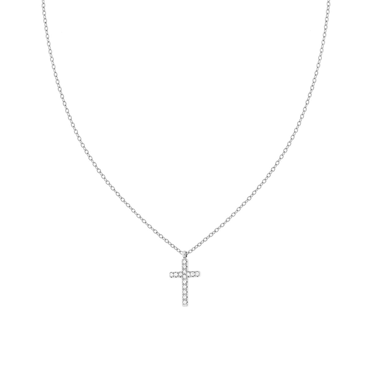 Collana Catena Forzatina Diamantata con Croce e Crystal Bianchi in ACCIAIO