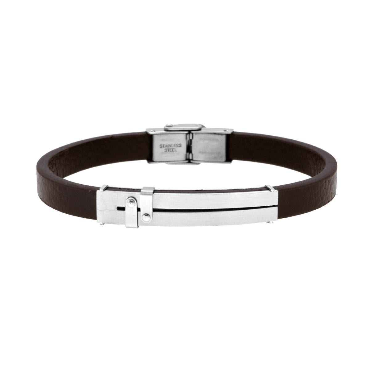 Bracciale Uomo in Ecopelle Marrone con Targa e Accessori in ACCIAIO