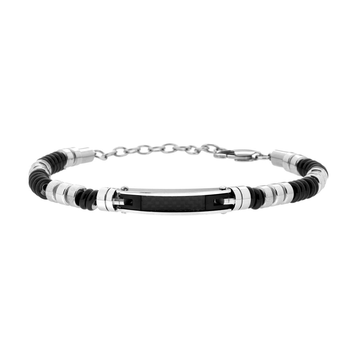 Bracciale Uomo Catena Anelli e Cilindri con Targa effetto Fibra di Carbonio in ACCIAIO