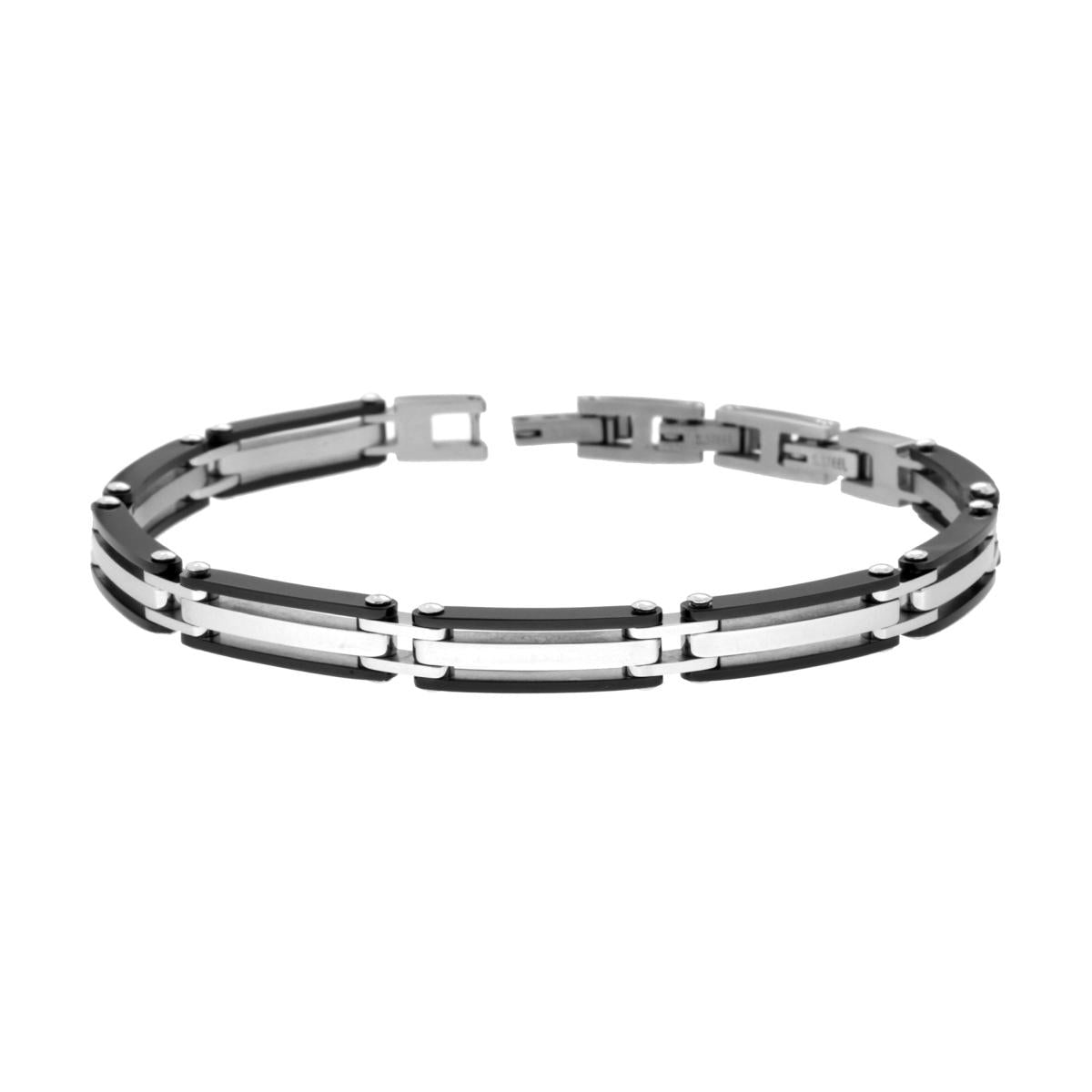 Bracciale Uomo Maglia Imperniata con Ceramica Nera in ACCIAIO