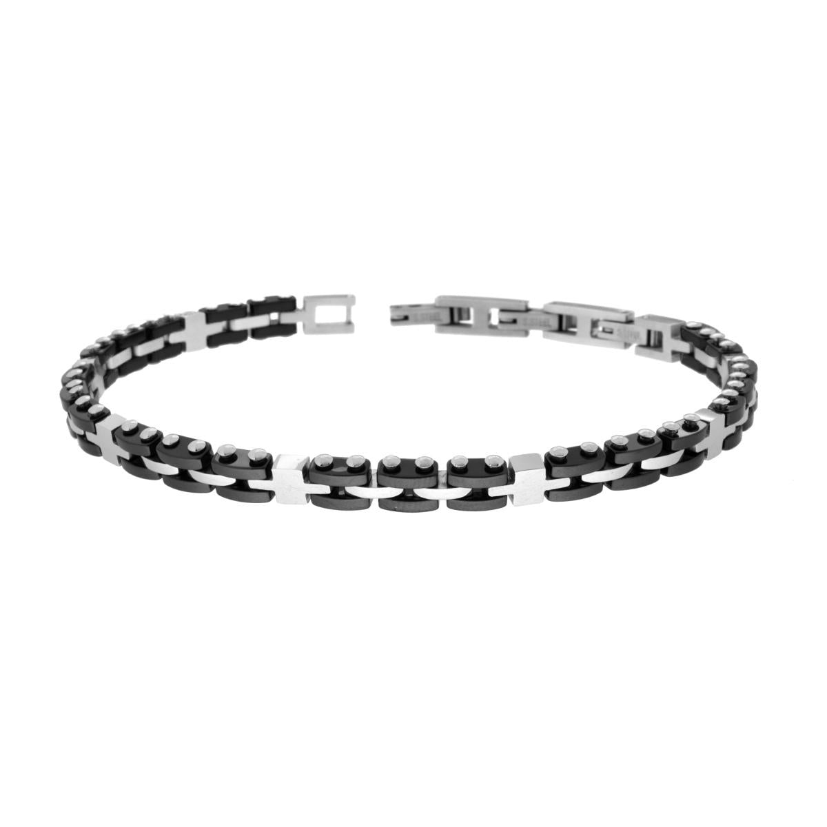Bracciale Uomo Maglia Imperniata con Ceramica Nera in ACCIAIO