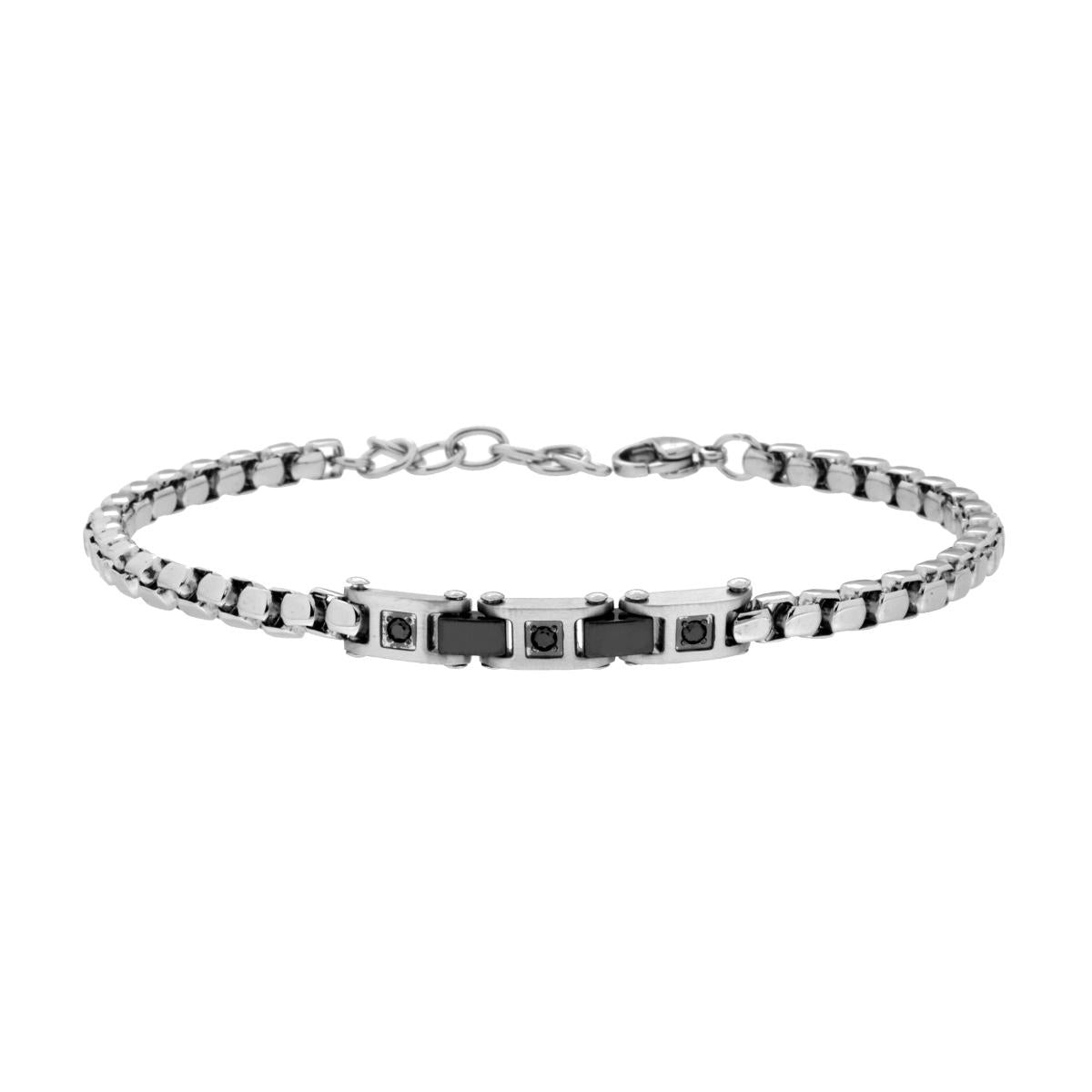 Bracciale Uomo Catena Veneziana Tonda con Accessori Imperniati e Crystal Neri in ACCIAIO