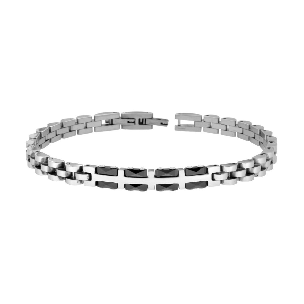 Bracciale Uomo Maglia Imperniata con Targa e Ceramica Nera in ACCIAIO