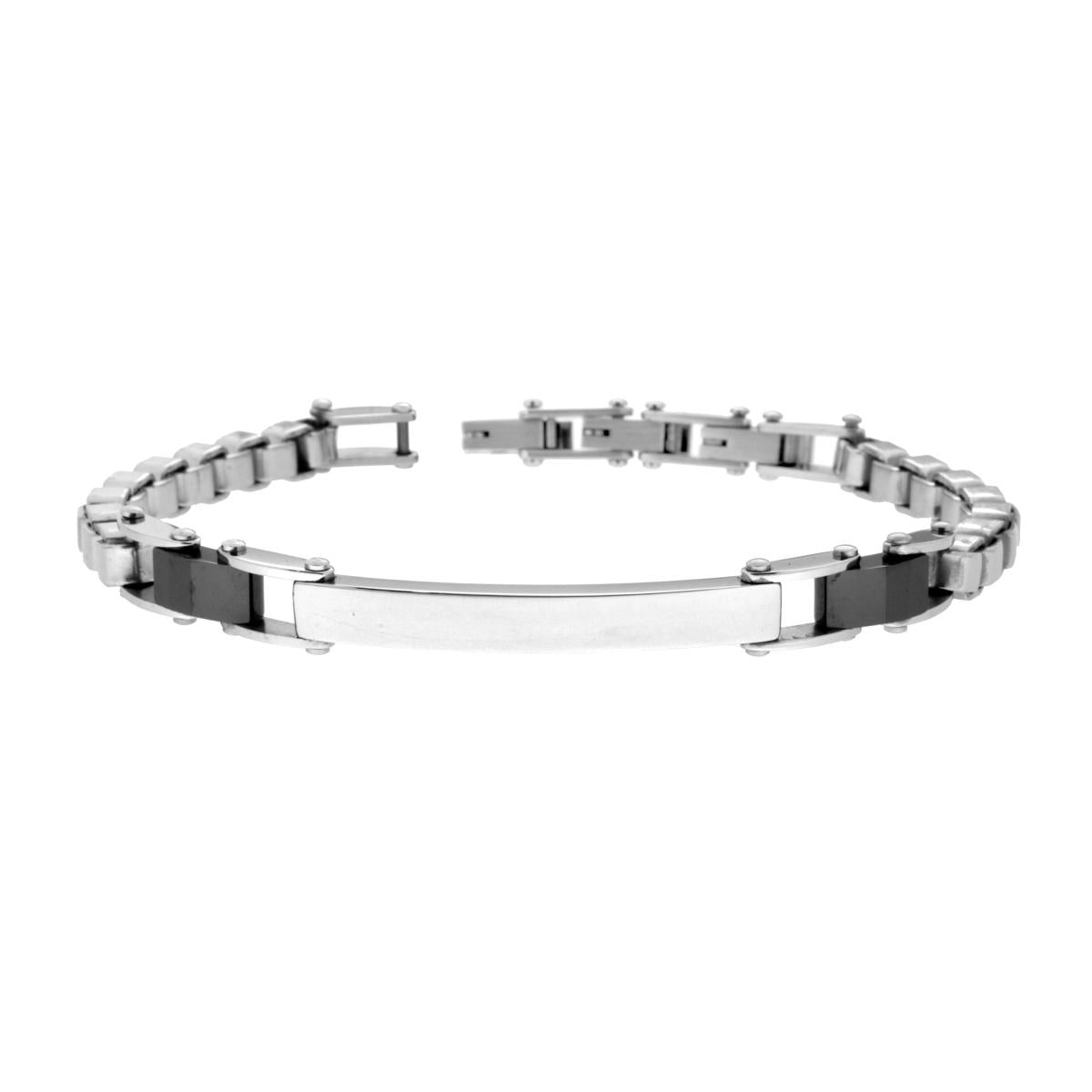 Bracciale Uomo Catena Veneziana Diamantata con Targa e Ceramica Nera in ACCIAIO