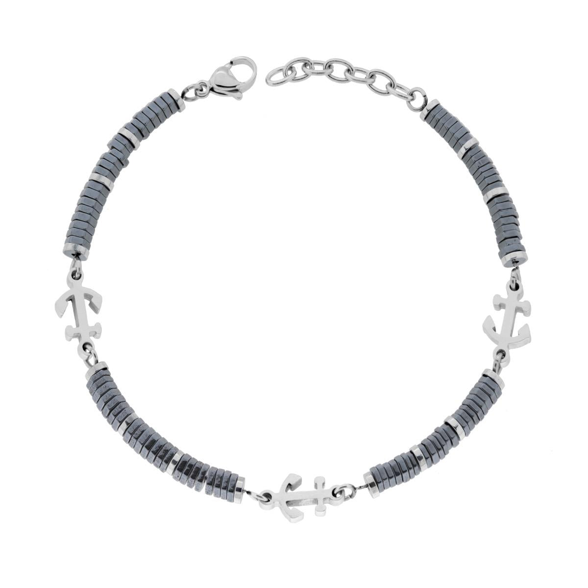 Bracciale Uomo Catena di Bulloncini in Ceramica Antracite e Ancore in ACCIAIO