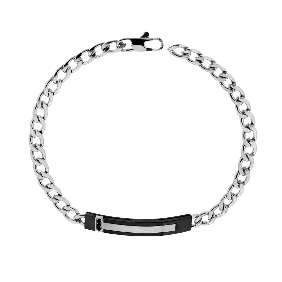 Bracciale Uomo Catena Grumetta con Targa Nera e Crystal Nero in ACCIAIO