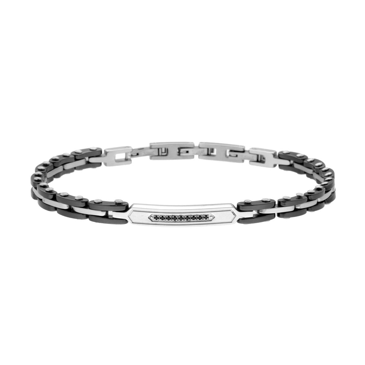 Bracciale Uomo Maglia Imperniata con Targa e Ceramica e Crystal Nero in ACCIAIO