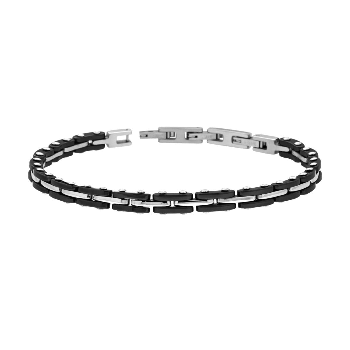 Bracciale Uomo Maglia Imperniata con Ceramica Nera in ACCIAIO