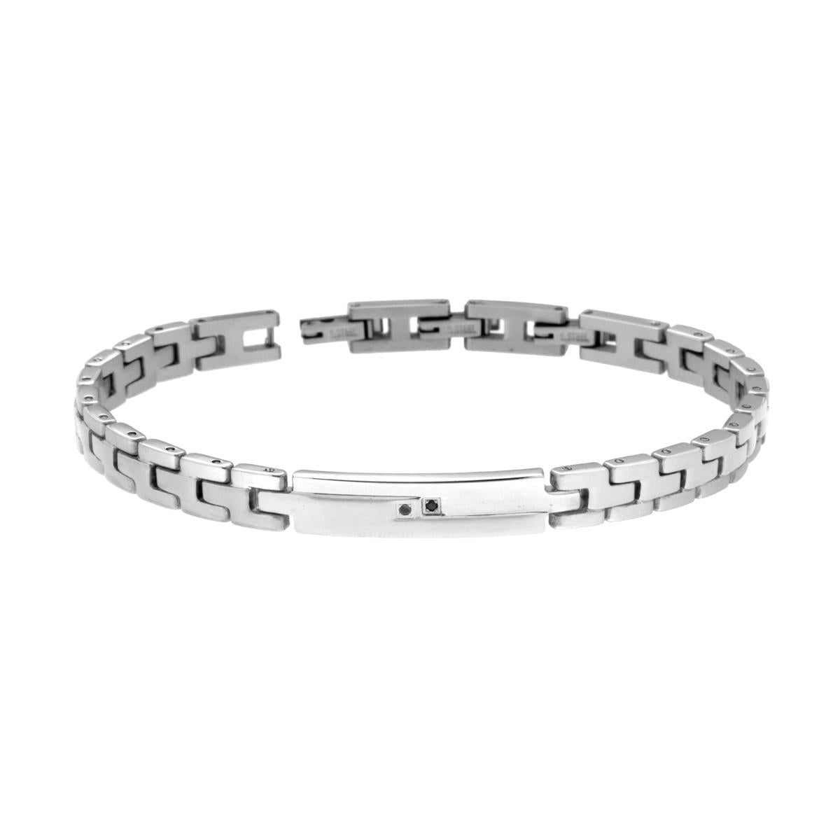 Bracciale Uomo Maglia Imperniata con Targa e Crystal Neri in ACCIAIO