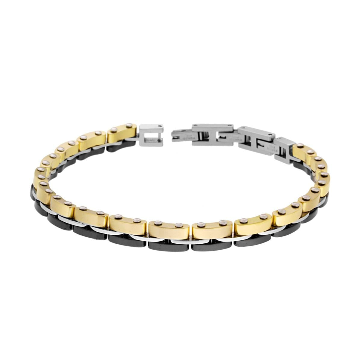 Bracciale Uomo Maglia Imperniata colore Oro e Ceramica Nera in ACCIAIO