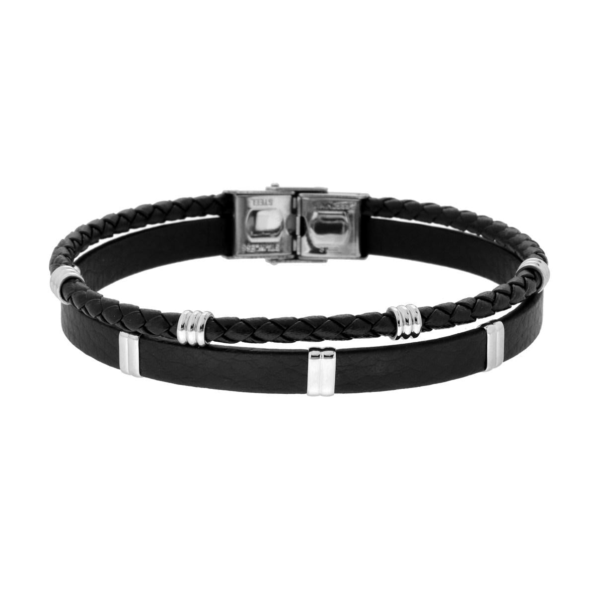 Bracciale Uomo due fili in Ecopelle Nera con Accessori in ACCIAIO