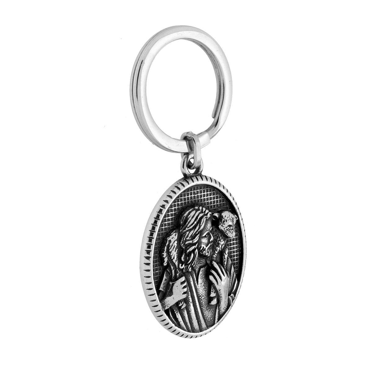 Portachiavi Sacro Medaglia Ovale con Gesu Buon Pastore in ACCIAIO