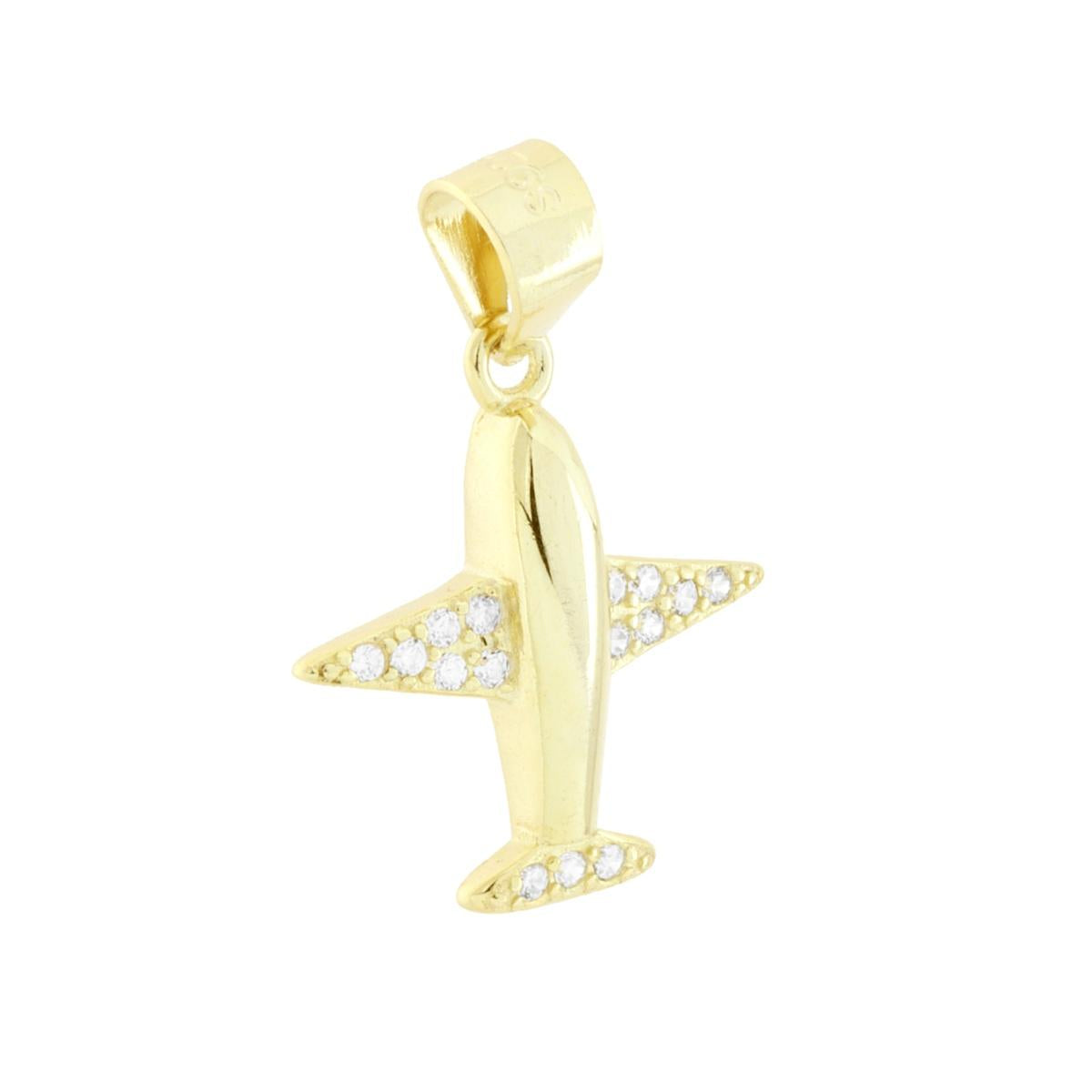 Ciondolo Aeroplano con Cubic Zirconia Bianchi in ARGENTO 925 Galvanica Oro