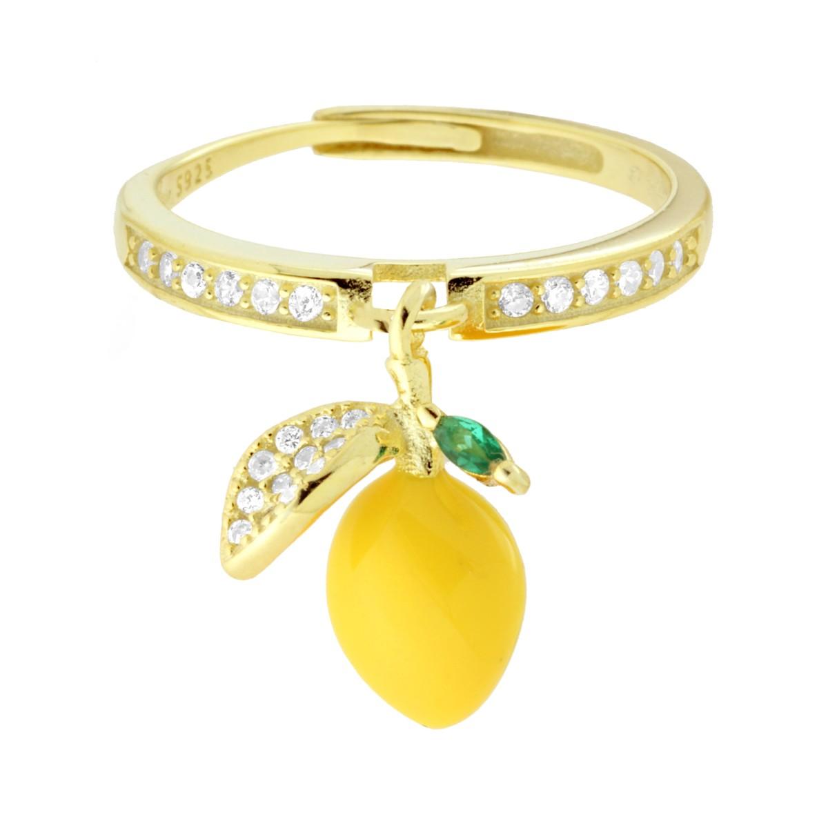 Anello Limone pendente Smalto Giallo con Cubic Zirconia Bianchi in ARGENTO 925 Galvanica Oro
