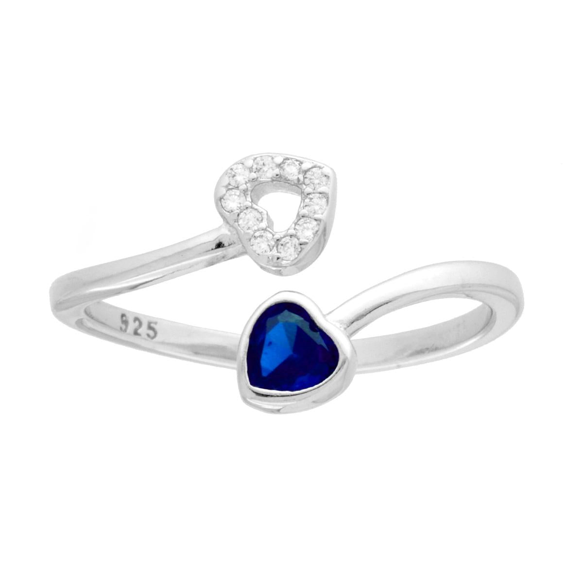 Anello Contrarie Cuori con Cubic Zirconia Blu Zaffiro e Bianco in ARGENTO 925 Galvanica Rodio