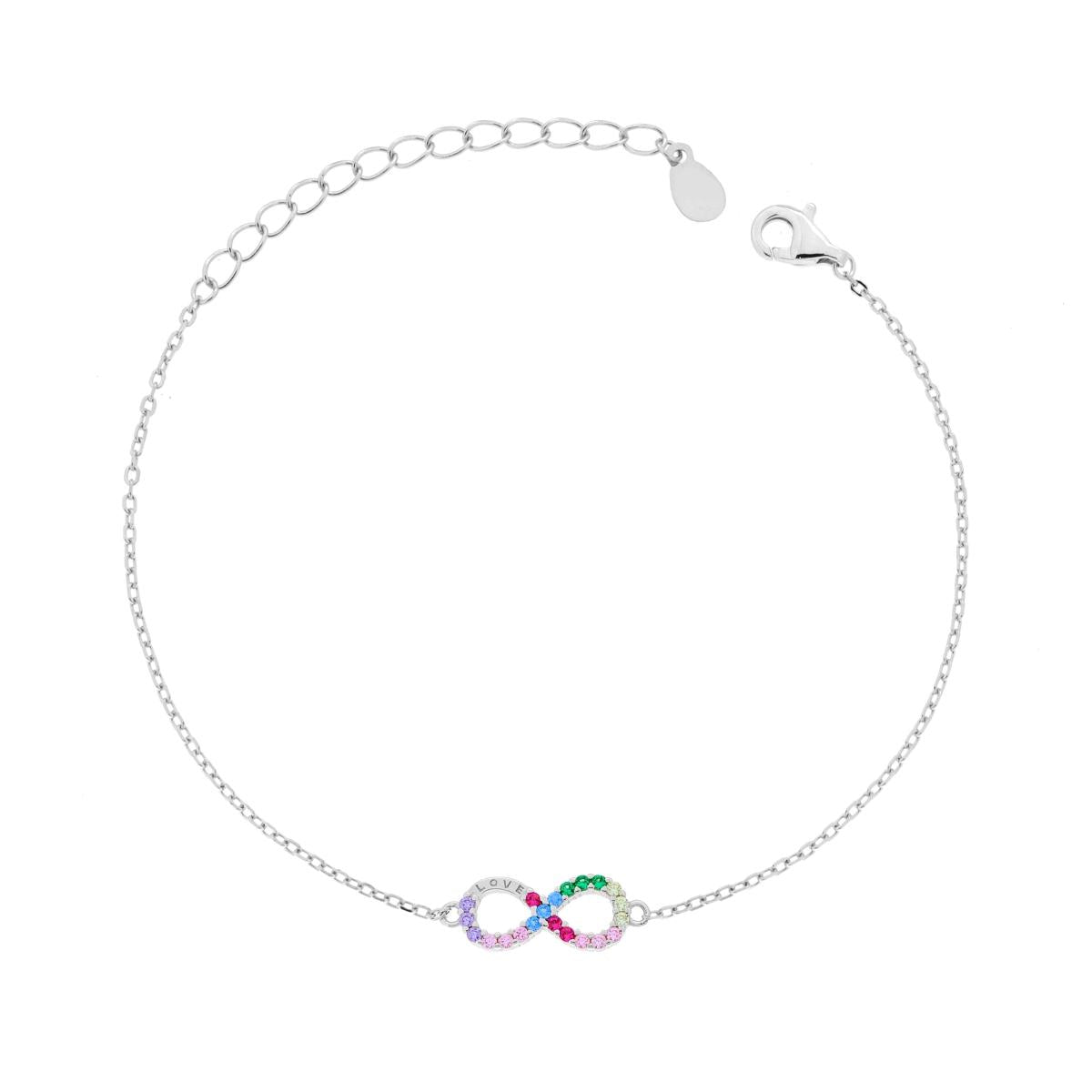Bracciale Catena Forzatina Diamantata con Infinito Cubic Zirconia Multicolor e Scritta LOVE in ARGENTO 925 Galvanica Rodio