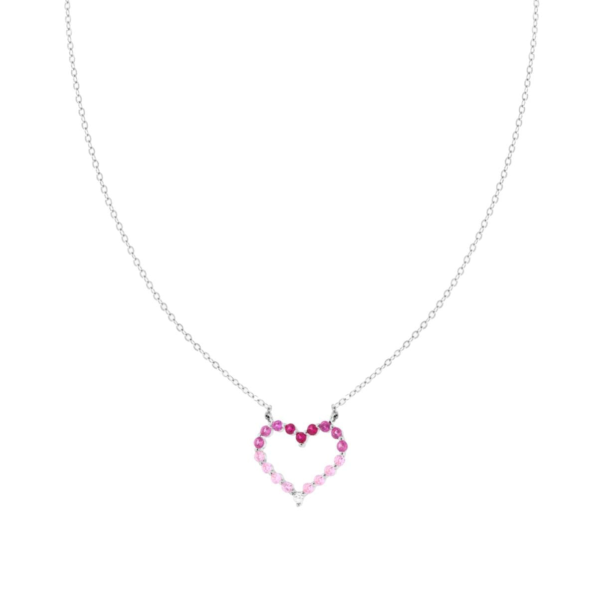 Collana Catena Forzatina Diamantata Cuore con Cubic Zirconia Rosso Rubino degrade in ARGENTO 925 Galvanica Rodio