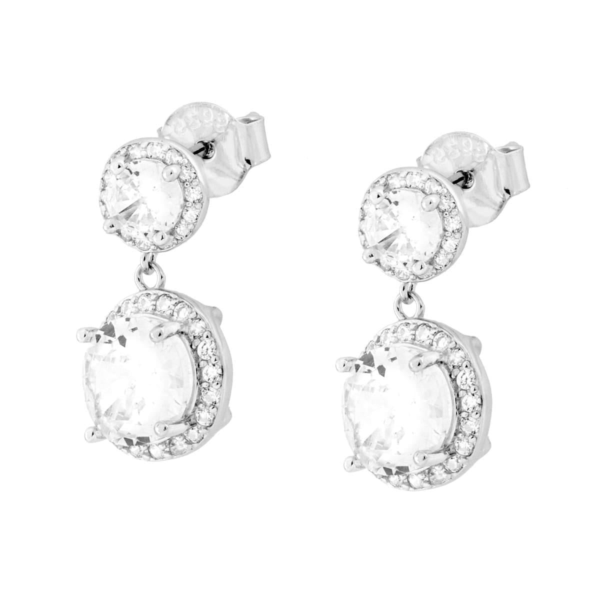 Orecchini Tondi Punto Luce Bianco contornato da Cubic Zirconia Bianchi in ARGENTO 925 Galvanica Rodio