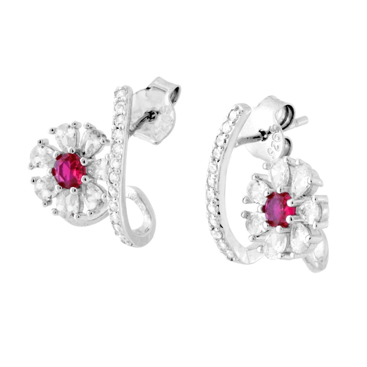 Orecchini Finto Giro Fiore con Cubic Zirconia Rosso Rubino e Bianchi in ARGENTO 925 Galvanica Rodio