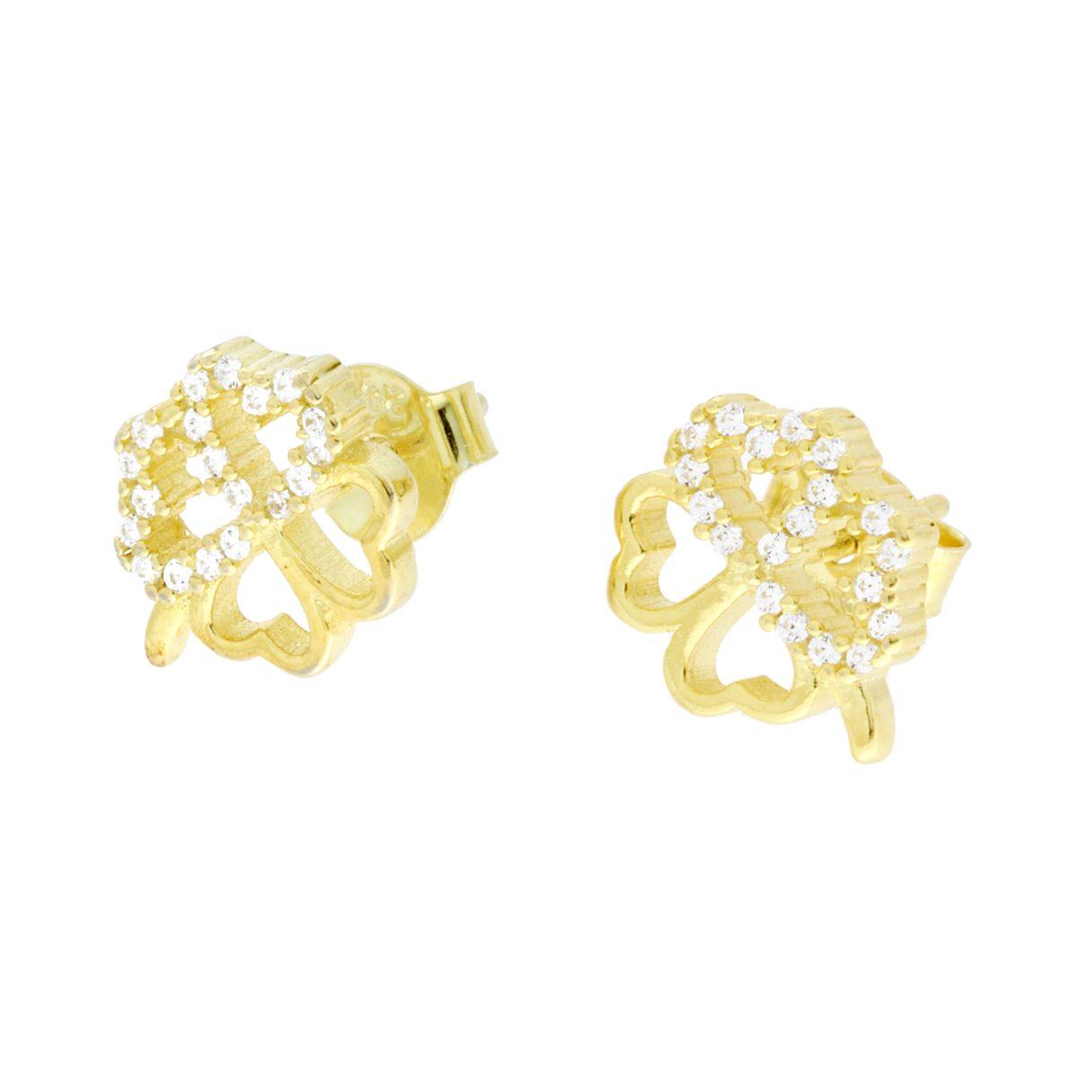 Orecchini Quadrifoglio Cuori con Cubic Zirconia Bianchi in ARGENTO 925 Galvanica Oro