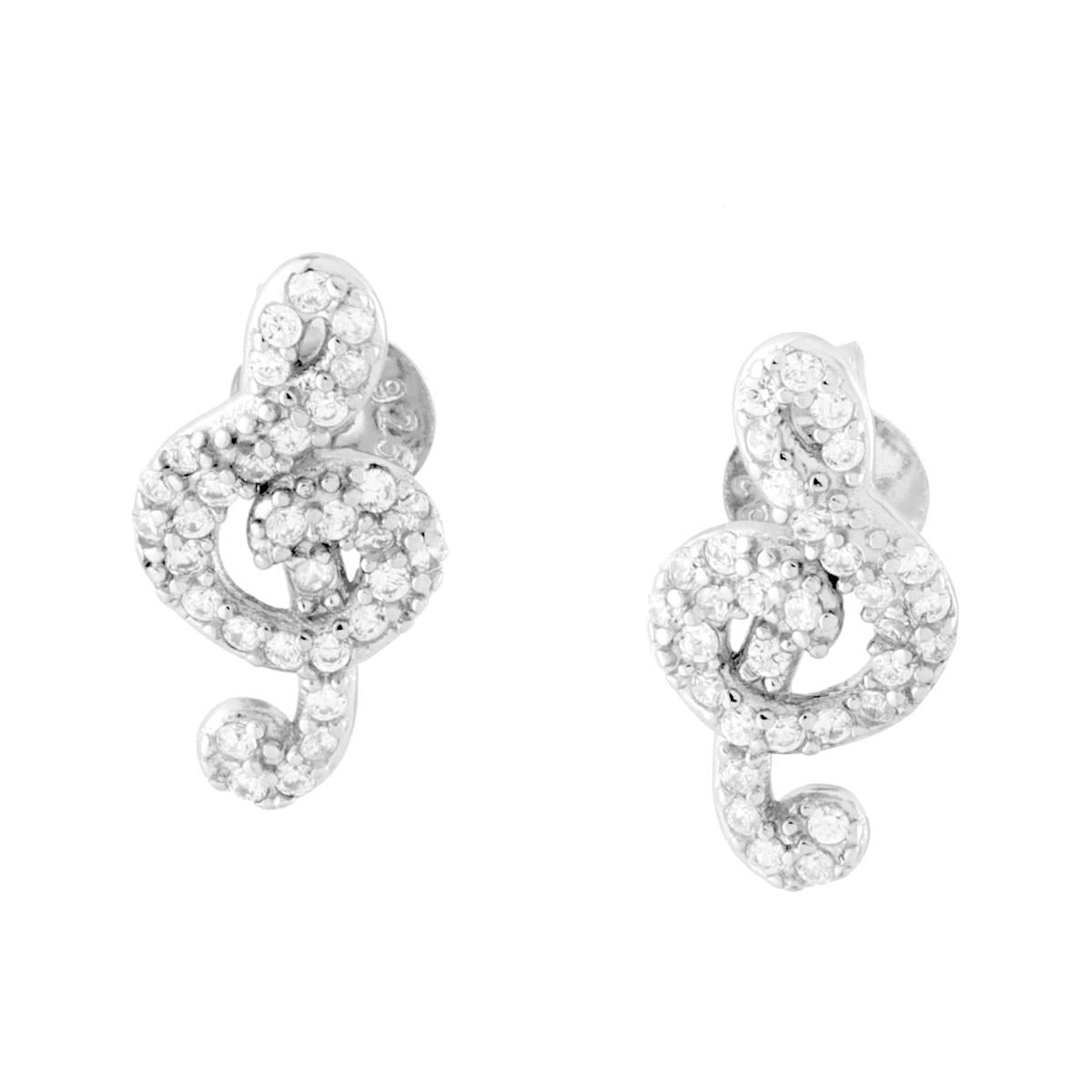 Orecchini Chiave Musicale di Violino con Cubic Zirconia Bianchi in ARGENTO 925 Galvanica Rodio