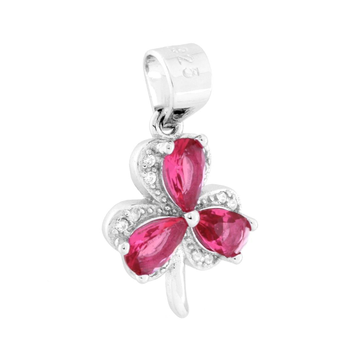 Ciondolo Trifoglio con Cubic Zirconia Bianchi e Rosso Rubino in ARGENTO 925 Galvanica Rodio
