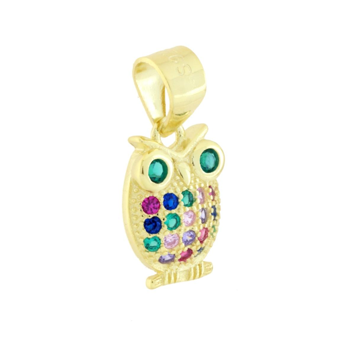 Ciondolo Gufo con Cubic Zirconia Multicolor in ARGENTO 925 Galvanica Oro