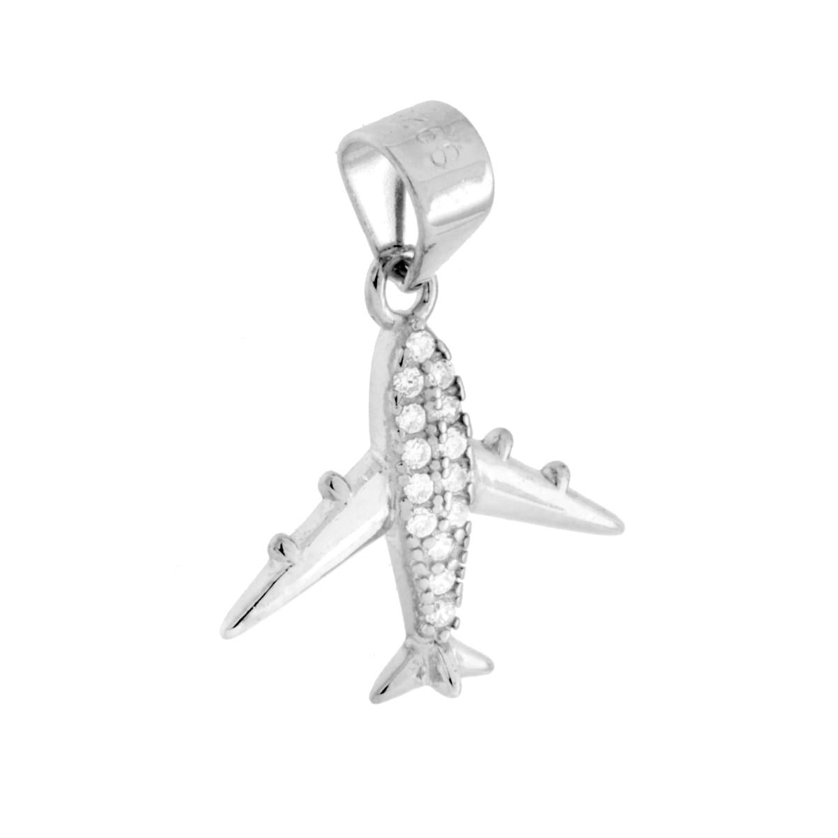 Ciondolo Aeroplano con Cubic Zirconia Bianchi in ARGENTO 925 Galvanica Rodio