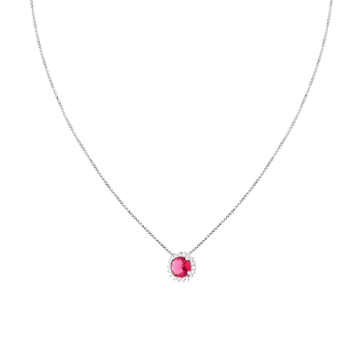 Collana Catena Veneziana Diamantata con Tondo Rosso Rubino contornato da Cubic Zirconia Bianchi in ARGENTO 925 Galvanica Rodio