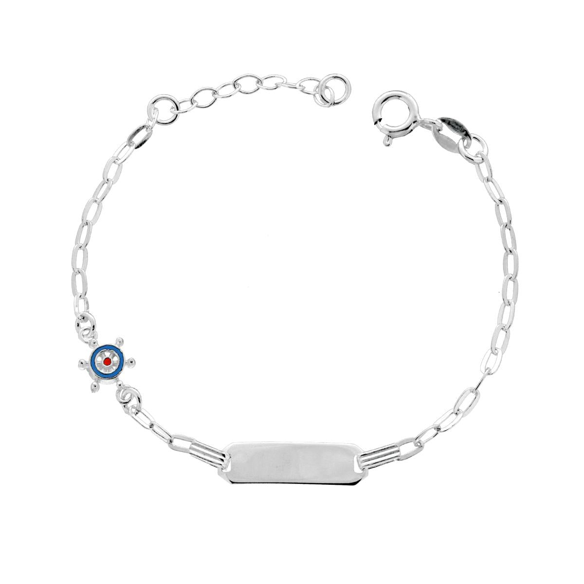 Bracciale Targa Bimbo Bimba Catena Forzatina Diamantata e Timone con smalto Azzurro in ARGENTO 925 Galvanica Rodio