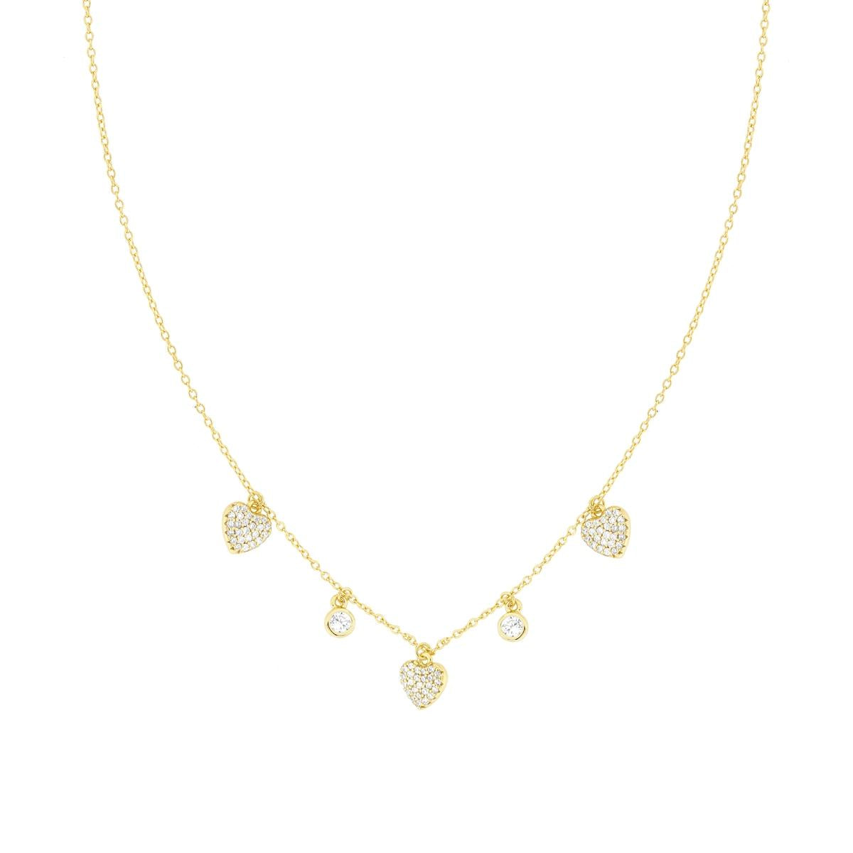 Collana Catena Forzatina Diamantata con Cuori e Cubic Zirconia Bianchi in ARGENTO 925 Galvanica Oro<BR>