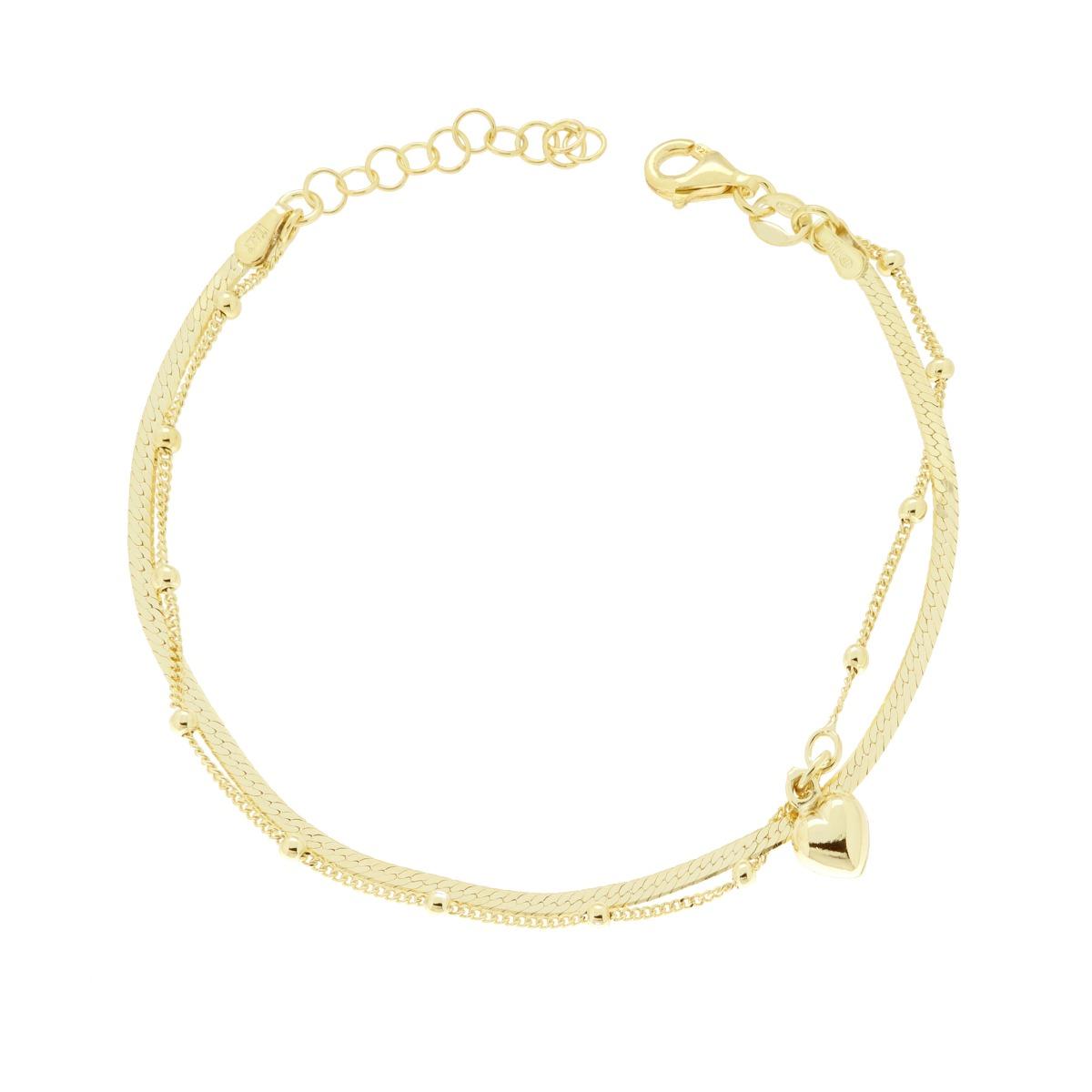 Bracciale due fili Catena Magik e Grumetta con Palline e Cuore in ARGENTO 925 Galvanica Oro<BR>