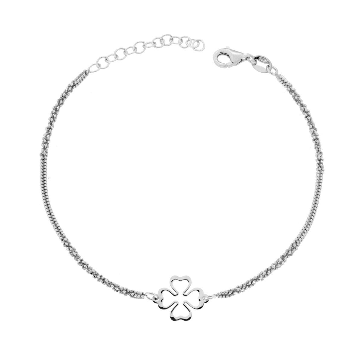 Bracciale Catena Coda di Volpe e Disco con Quadrifoglio in ARGENTO 925 Galvanica Rodio