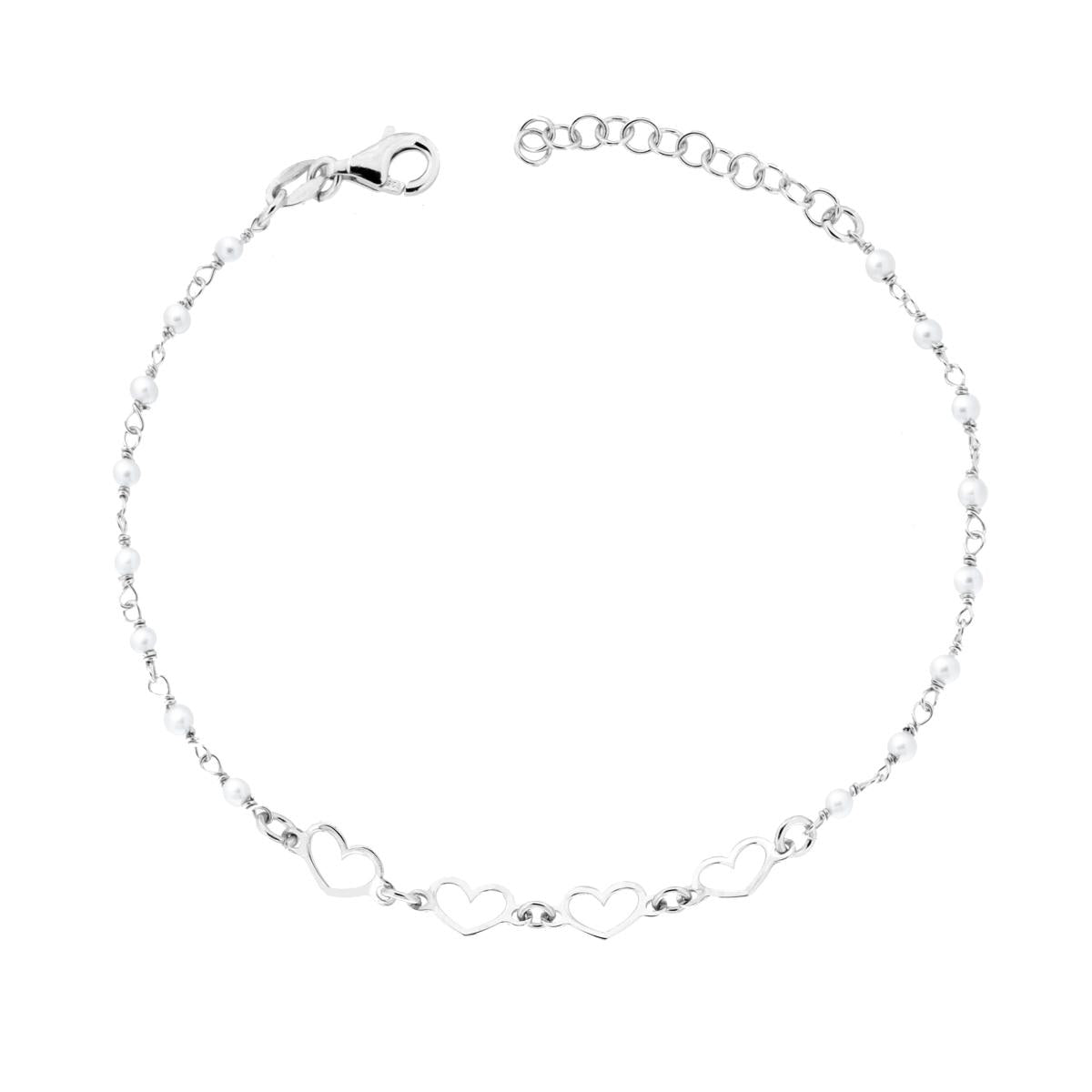 Bracciale con Cuori e Perle in ARGENTO 925 Galvanica Rodio