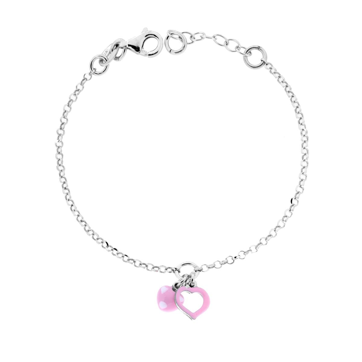 Bracciale Bimbo Bimba con Catena Rolo Diamantata e Cuori Smalto Rosa e Bianco in ARGENTO 925 Galvanica Rodio<BR>