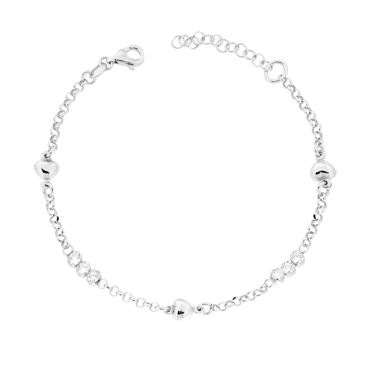 Bracciale Catena Rolo Diamantata con Cuori e Cubic Zirconia Bianchi in ARGENTO 925 Galvanica Rodio