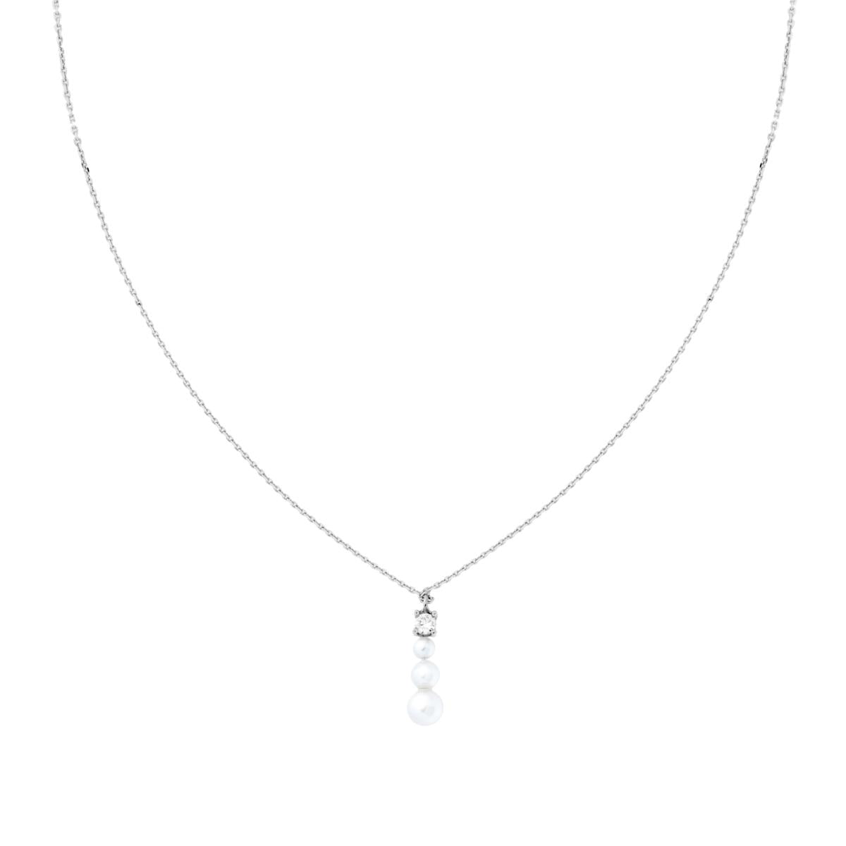 Collana Catena Forzatina Diamantata con Punto Luce Cubic Zirconia Bianco e Trilogy di Perle in ARGENTO 925 Galvanica Rodio<BR>
