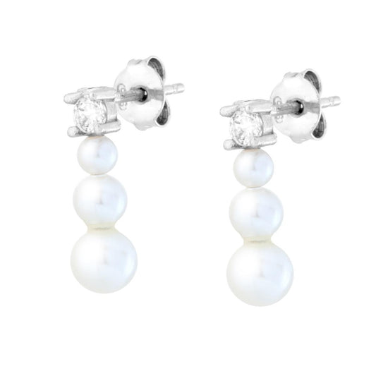Orecchini Punto Luce Cubic Zirconia Bianco con Perle Bianche Trilogy Degrade in ARGENTO 925 Galvanica Rodio<BR>