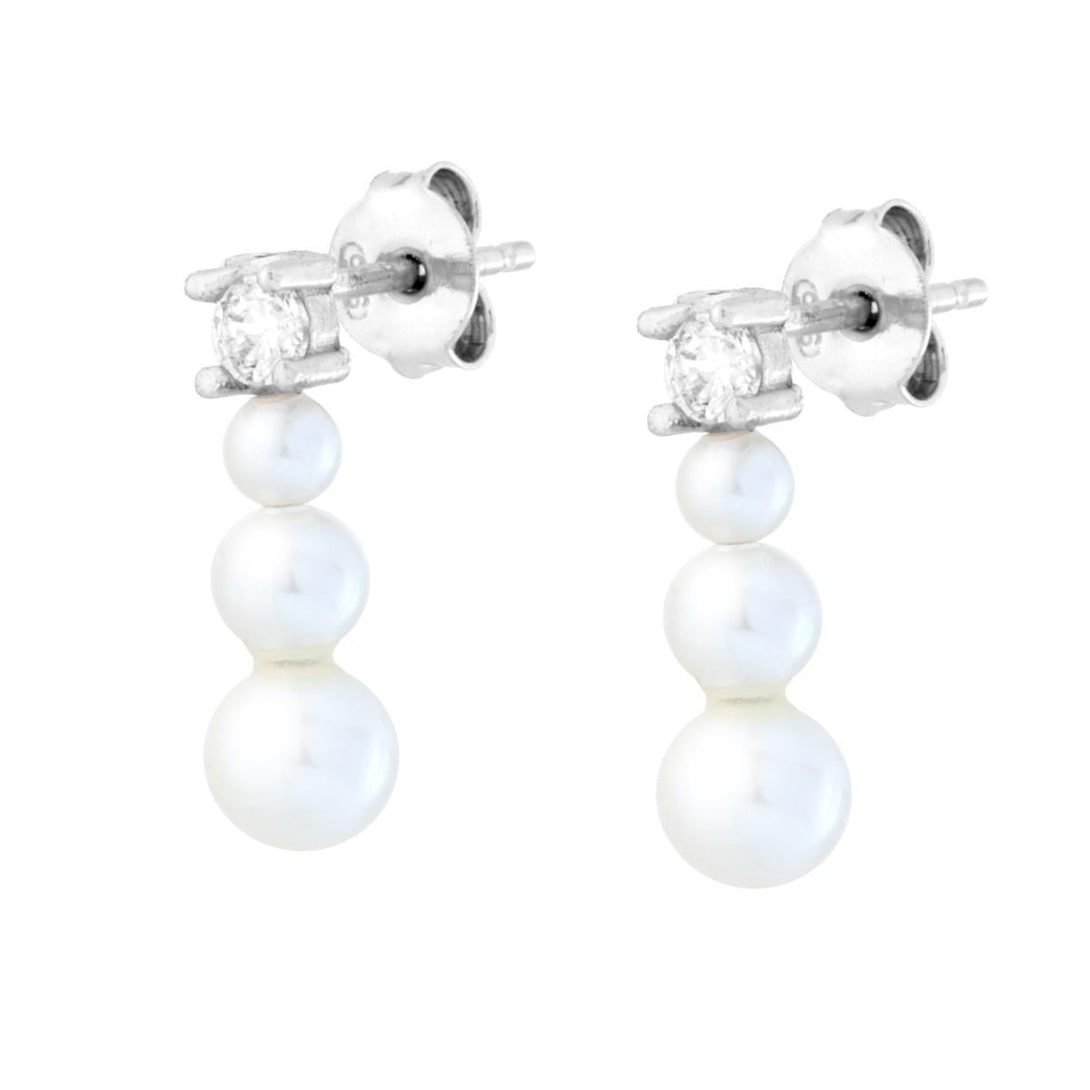 Orecchini Punto Luce Cubic Zirconia Bianco con Perle Bianche Trilogy Degrade in ARGENTO 925 Galvanica Rodio<BR>
