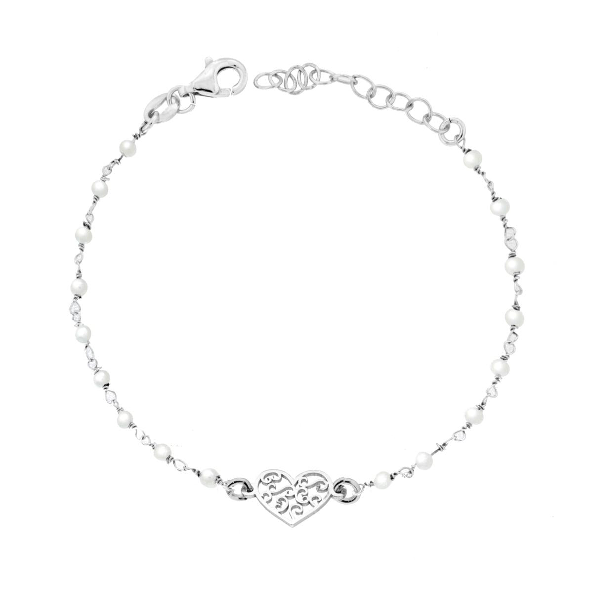Bracciale Cuore e Perle in ARGENTO 925 Galvanica Rodio
