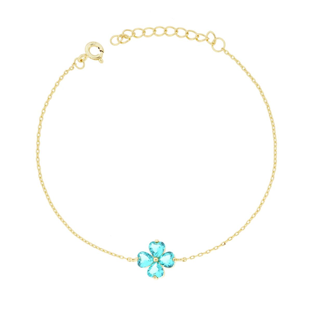 Bracciale Catena Forzatina Diamantata con Quadrifoglio Cubic Zirconia Acquamarina Verde in ARGENTO 925 Galvanica Oro