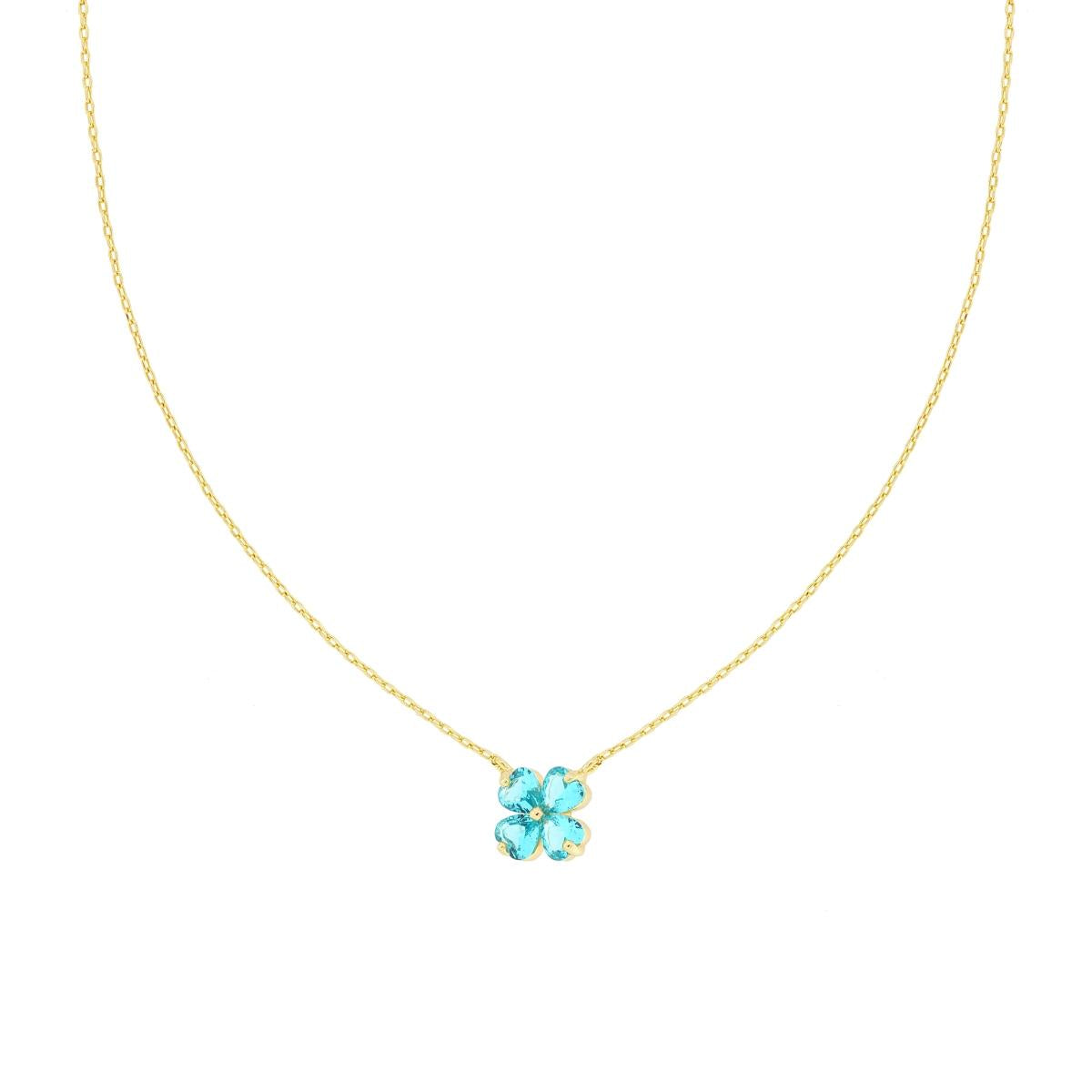 Collana Catena Forzatina Diamantata con Quadrifoglio Cubic Zirconia Acquamarina Verde in ARGENTO 925 Galvanica Oro